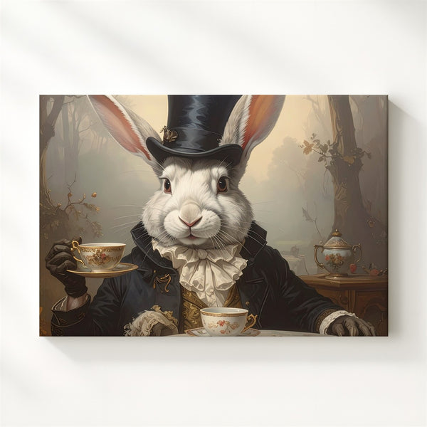 Victorian Rabbit Tea Portrait – Dark Wonderland Surreal Canvas Art - Gifitto