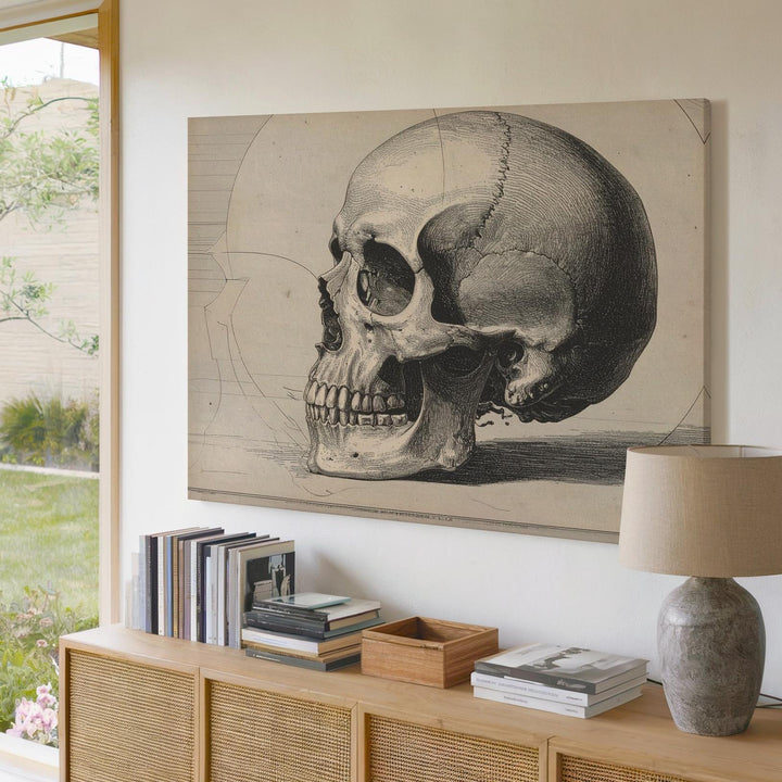 Anatomical Skull Engraving Canvas – Vintage Gothic Wall Art in Ink on Cream - Gifitto