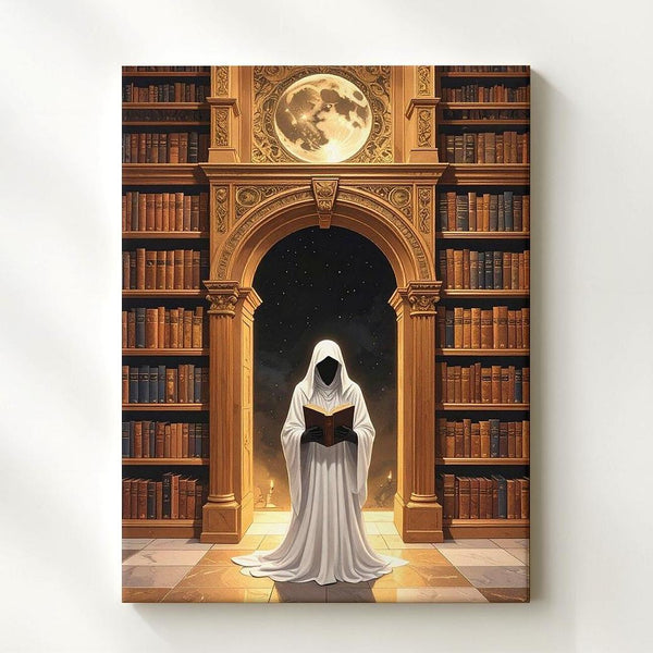 Ghost in Moonlit Library Canvas – Gothic Halloween Academia Wall Art - Gifitto