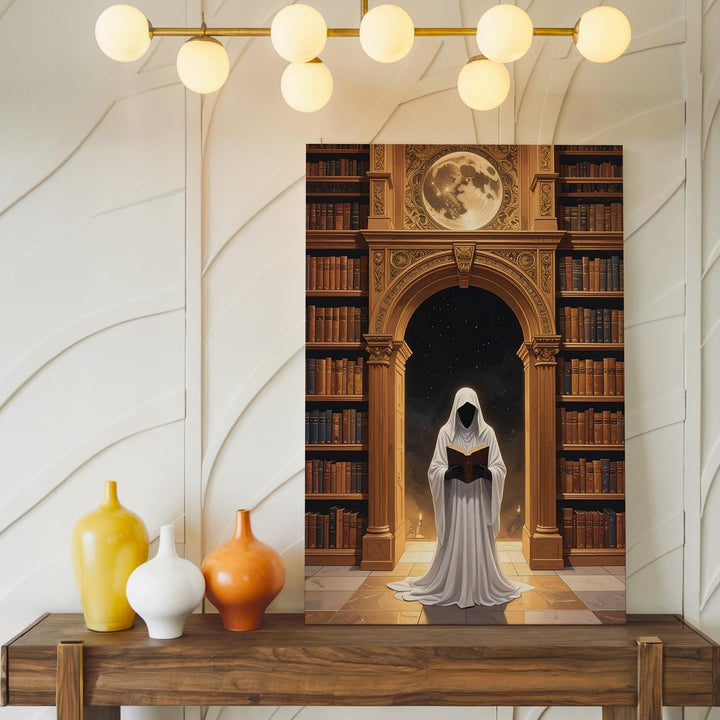 Ghost in Moonlit Library Canvas – Gothic Halloween Academia Wall Art - Gifitto