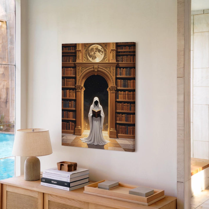 Ghost in Moonlit Library Canvas – Gothic Halloween Academia Wall Art - Gifitto