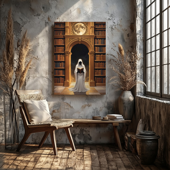 Ghost in Moonlit Library Canvas – Gothic Halloween Academia Wall Art - Gifitto