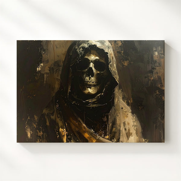 Grim Sentinel Canvas – Hooded Skeleton Portrait with Gothic Death Symbolism - Gifitto