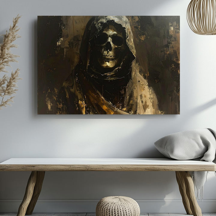 Grim Sentinel Canvas – Hooded Skeleton Portrait with Gothic Death Symbolism - Gifitto