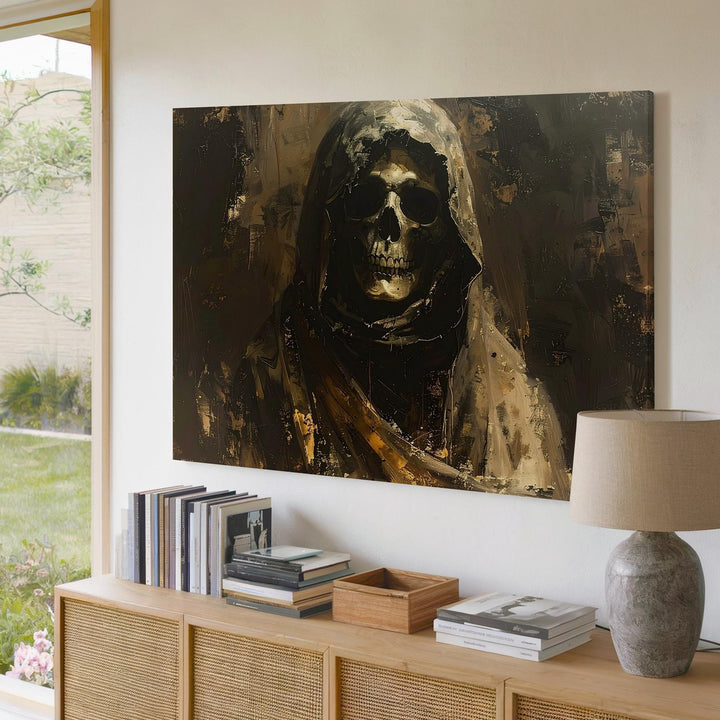 Grim Sentinel Canvas – Hooded Skeleton Portrait with Gothic Death Symbolism - Gifitto
