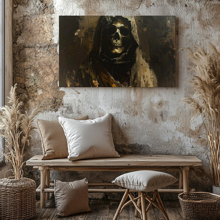 Grim Sentinel Canvas – Hooded Skeleton Portrait with Gothic Death Symbolism - Gifitto