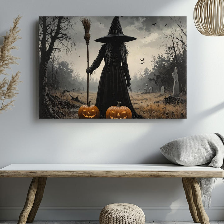 Solitary Witch Silhouette Canvas – Vintage Ritual Halloween Night Art - Gifitto