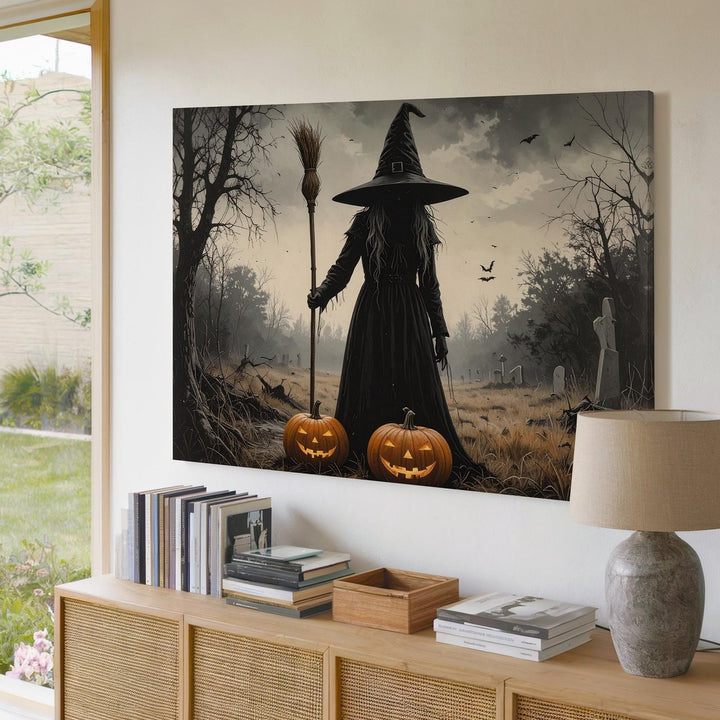 Solitary Witch Silhouette Canvas – Vintage Ritual Halloween Night Art - Gifitto