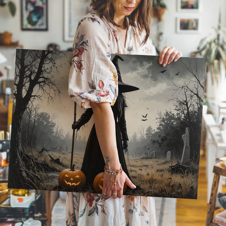 Solitary Witch Silhouette Canvas – Vintage Ritual Halloween Night Art - Gifitto