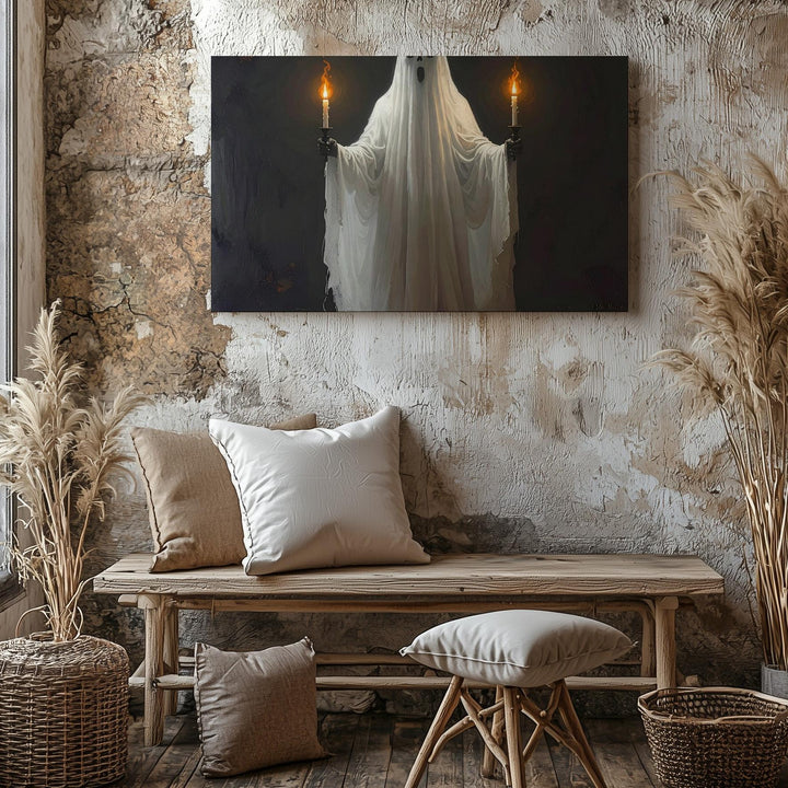 Ceremonial Spirit Canvas – Horizontal Ghostly Ritual Wall Art with Candlelight - Gifitto