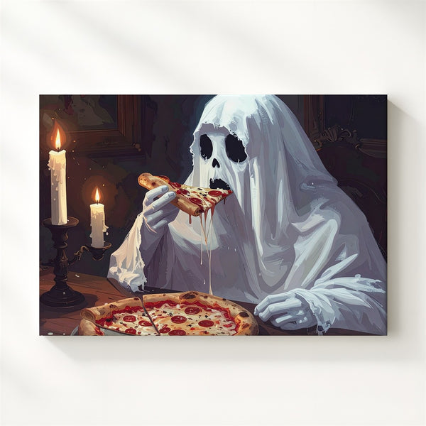 Ghost Pizza Night Canvas – Whimsical Halloween Dinner by Candlelight - Gifitto