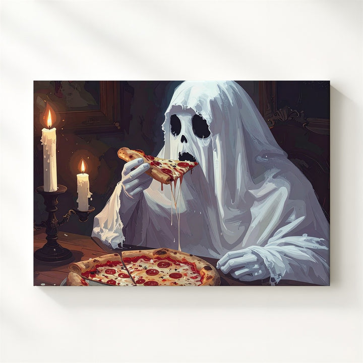 Ghost Pizza Night Canvas – Whimsical Halloween Dinner by Candlelight - Gifitto