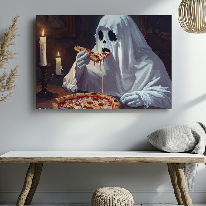 Ghost Pizza Night Canvas – Whimsical Halloween Dinner by Candlelight - Gifitto