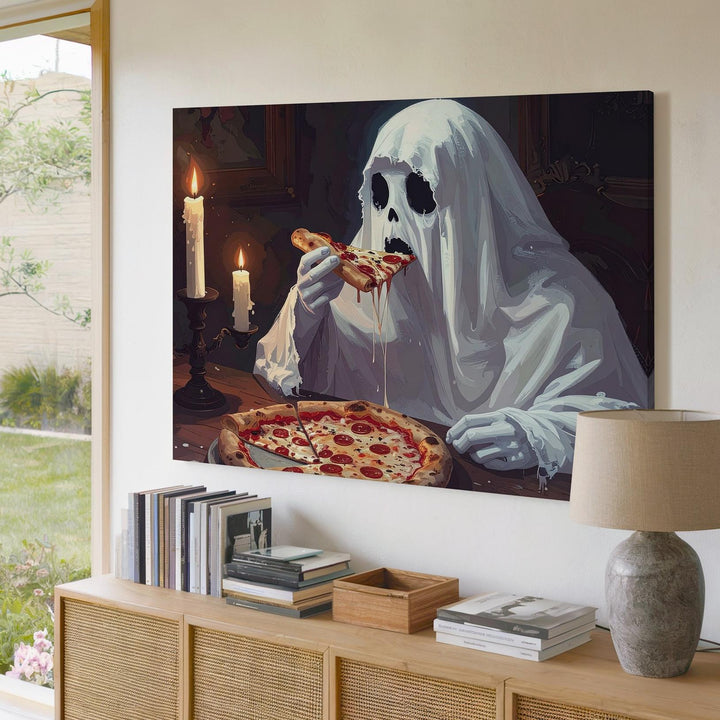 Ghost Pizza Night Canvas – Whimsical Halloween Dinner by Candlelight - Gifitto