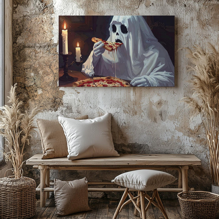 Ghost Pizza Night Canvas – Whimsical Halloween Dinner by Candlelight - Gifitto