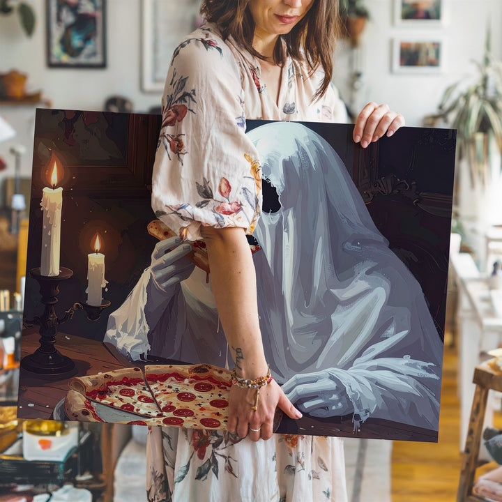 Ghost Pizza Night Canvas – Whimsical Halloween Dinner by Candlelight - Gifitto