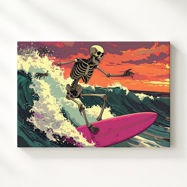 Surfing Skeleton Canvas – Halloween Beach Sunset Wall Art - Gifitto