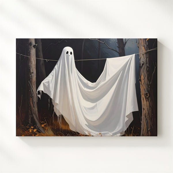 Laundry Line Ghost Canvas – Whimsical Halloween Forest Print - Gifitto