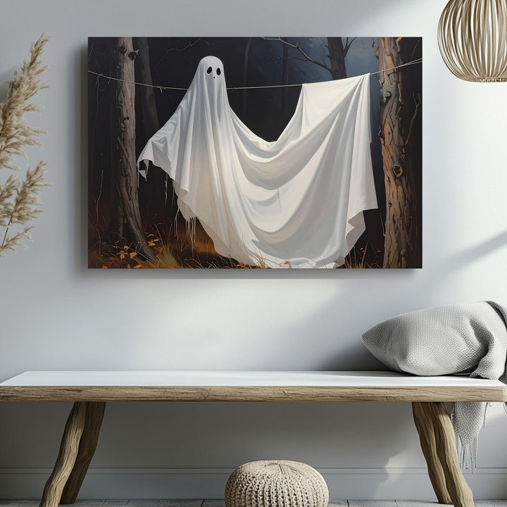 Laundry Line Ghost Canvas – Whimsical Halloween Forest Print - Gifitto