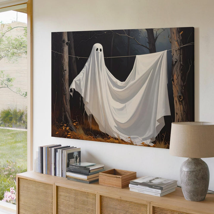 Laundry Line Ghost Canvas – Whimsical Halloween Forest Print - Gifitto