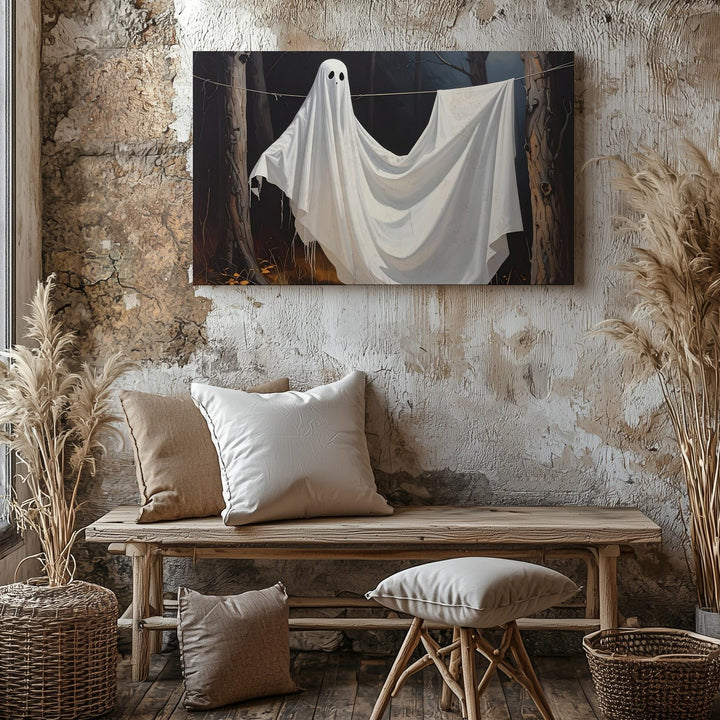 Laundry Line Ghost Canvas – Whimsical Halloween Forest Print - Gifitto