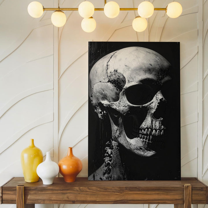 Realistic Skull in Shadow Canvas – Gothic Black & White Halloween Art - Gifitto