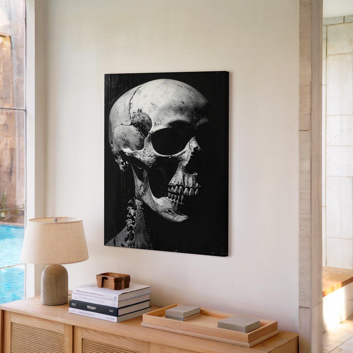 Realistic Skull in Shadow Canvas – Gothic Black & White Halloween Art - Gifitto