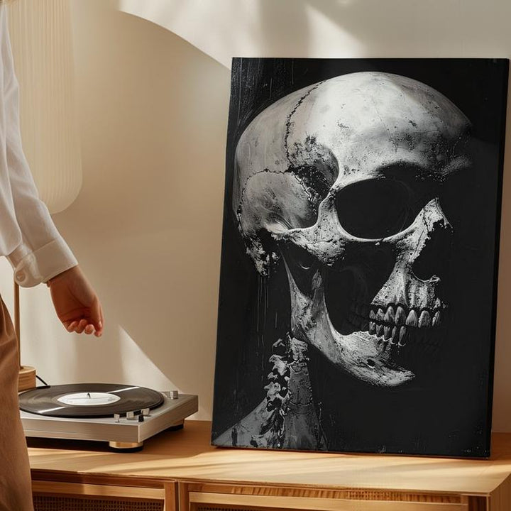Realistic Skull in Shadow Canvas – Gothic Black & White Halloween Art - Gifitto