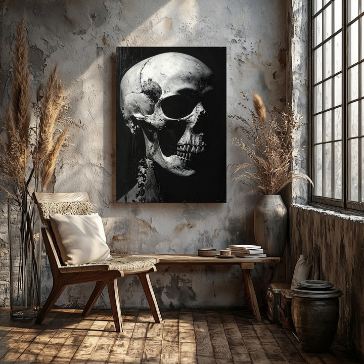 Realistic Skull in Shadow Canvas – Gothic Black & White Halloween Art - Gifitto