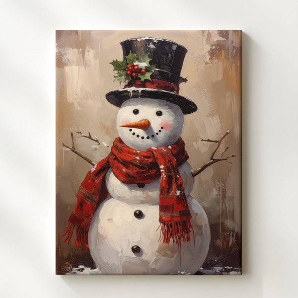 Jolly Snowman Canvas – Rustic Vintage Christmas Wall Art with Top Hat & Scarf - Gifitto