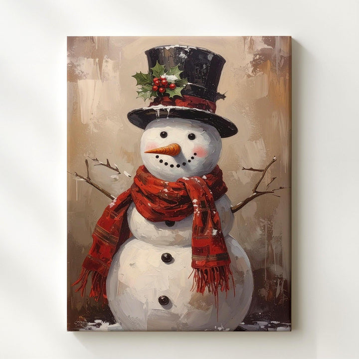 Jolly Snowman Canvas – Rustic Vintage Christmas Wall Art with Top Hat & Scarf - Gifitto