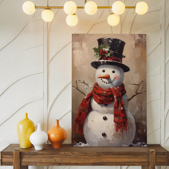 Jolly Snowman Canvas – Rustic Vintage Christmas Wall Art with Top Hat & Scarf - Gifitto