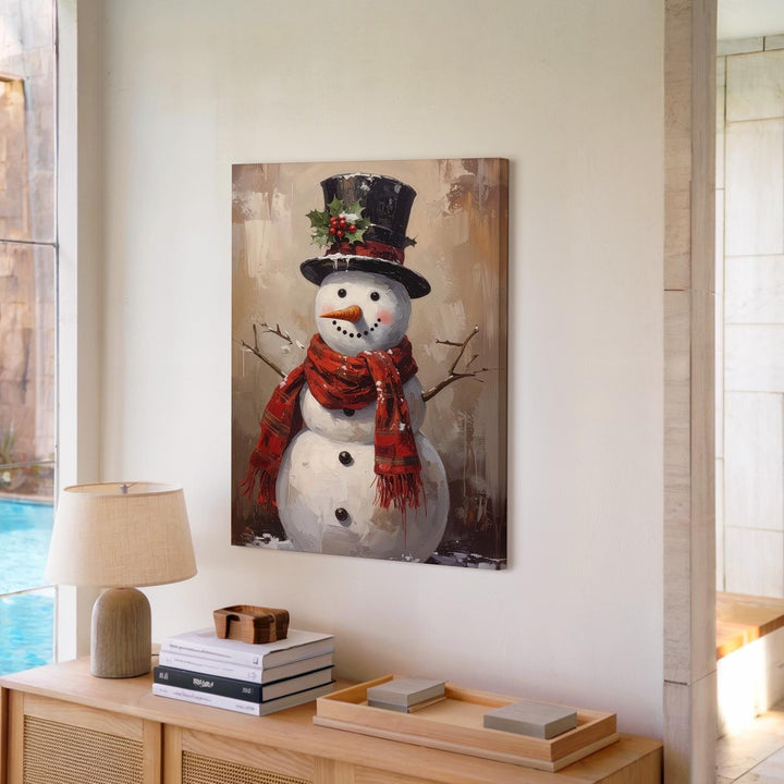 Jolly Snowman Canvas – Rustic Vintage Christmas Wall Art with Top Hat & Scarf - Gifitto