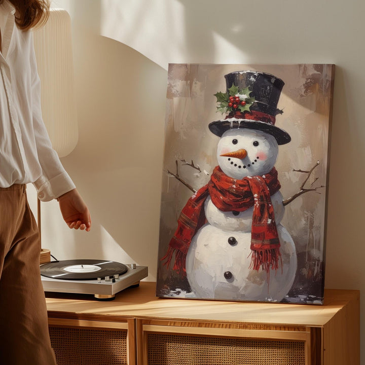 Jolly Snowman Canvas – Rustic Vintage Christmas Wall Art with Top Hat & Scarf - Gifitto