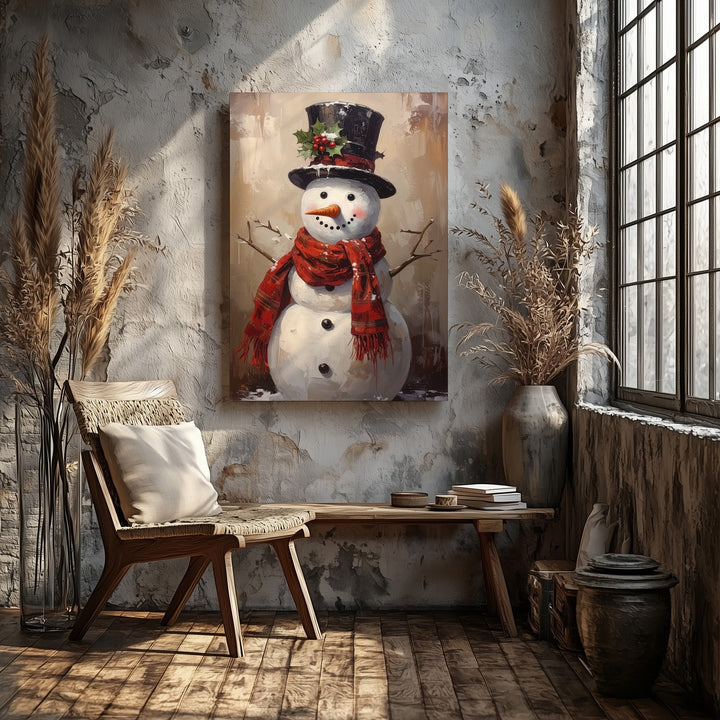 Jolly Snowman Canvas – Rustic Vintage Christmas Wall Art with Top Hat & Scarf - Gifitto