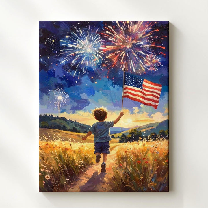 Child with American Flag Canvas – Fireworks & Golden Field at Dusk - Gifitto