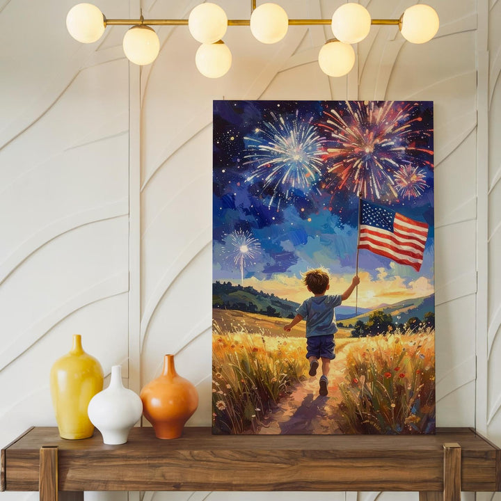 Child with American Flag Canvas – Fireworks & Golden Field at Dusk - Gifitto