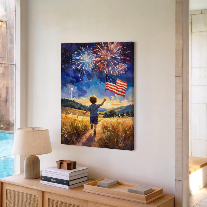 Child with American Flag Canvas – Fireworks & Golden Field at Dusk - Gifitto