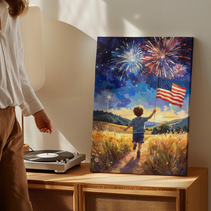 Child with American Flag Canvas – Fireworks & Golden Field at Dusk - Gifitto
