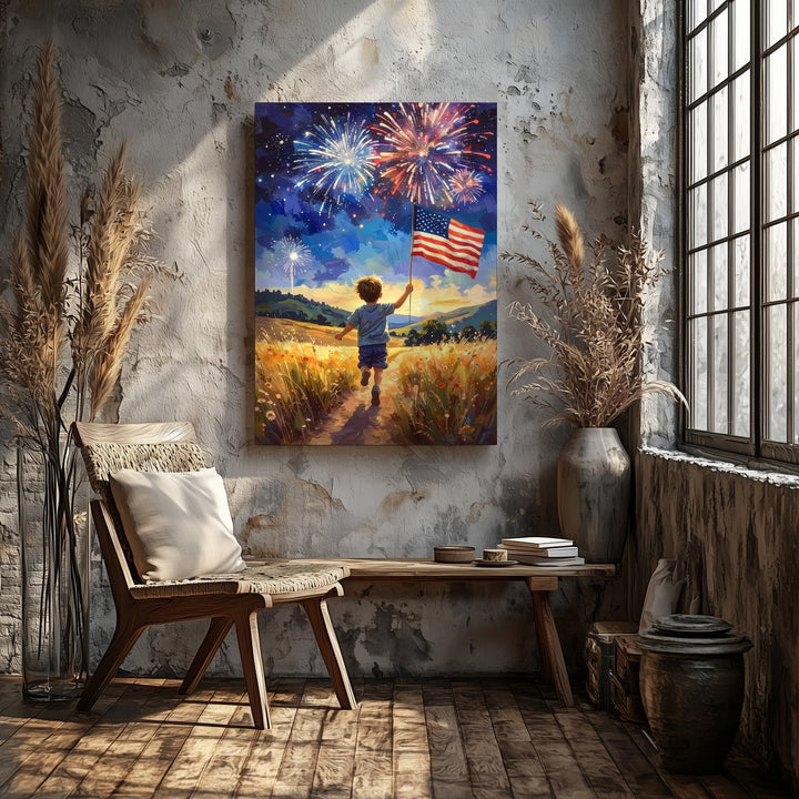 Child with American Flag Canvas – Fireworks & Golden Field at Dusk - Gifitto