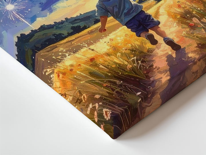 Child with American Flag Canvas – Fireworks & Golden Field at Dusk - Gifitto