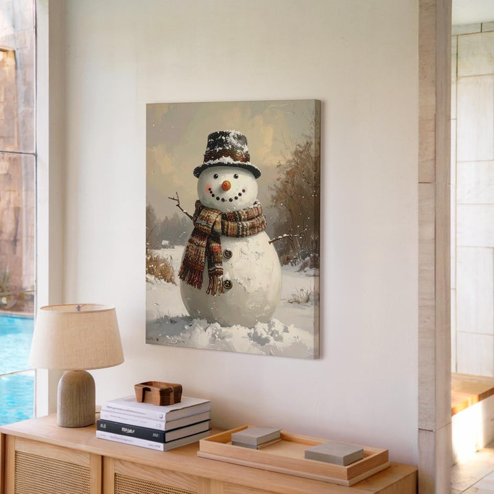 Joyful Snowman with Raised Arms Canvas – Playful Holiday Wall Art - Gifitto
