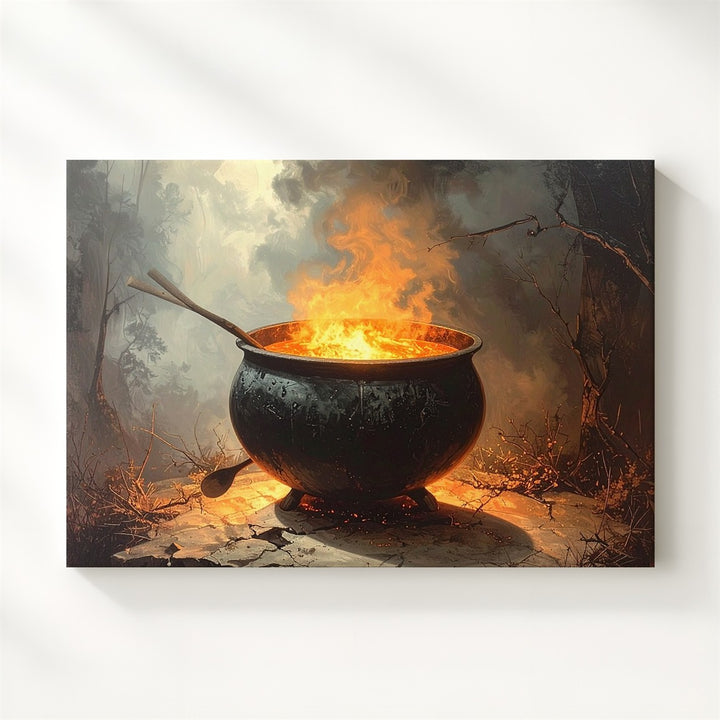 Mystic Cauldron Canvas – Bubbling Potion & Fire in Dark Halloween Setting - Gifitto