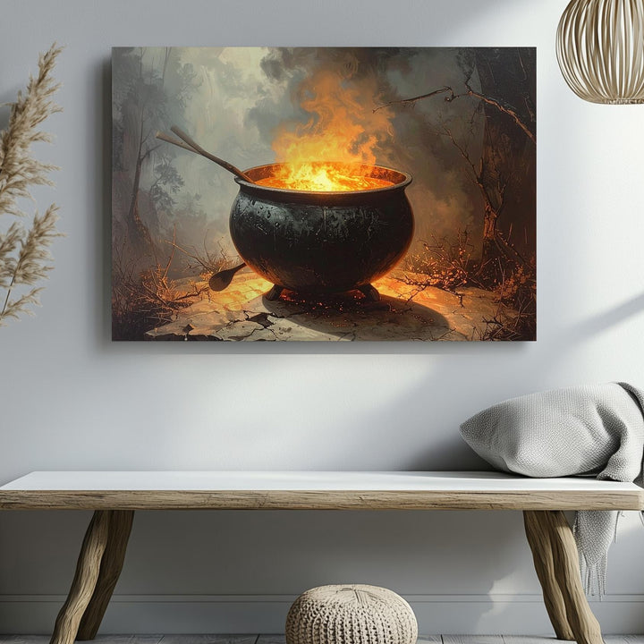 Mystic Cauldron Canvas – Bubbling Potion & Fire in Dark Halloween Setting - Gifitto