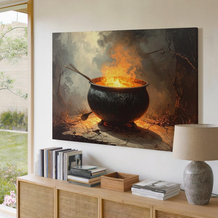 Mystic Cauldron Canvas – Bubbling Potion & Fire in Dark Halloween Setting - Gifitto