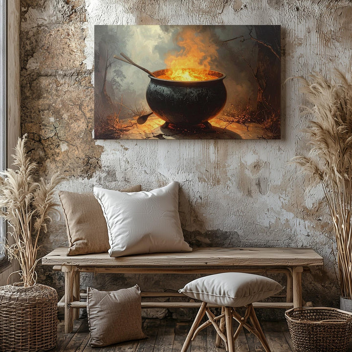 Mystic Cauldron Canvas – Bubbling Potion & Fire in Dark Halloween Setting - Gifitto