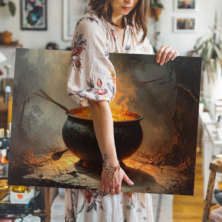 Mystic Cauldron Canvas – Bubbling Potion & Fire in Dark Halloween Setting - Gifitto