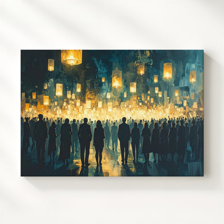 Lantern Vigil Canvas – Spiritual Crowd Silhouette with Floating Lights - Gifitto
