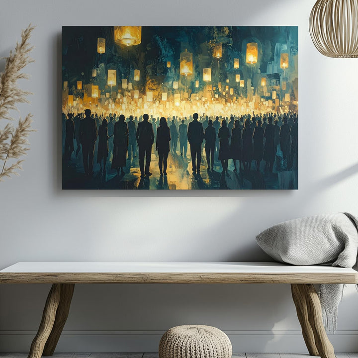 Lantern Vigil Canvas – Spiritual Crowd Silhouette with Floating Lights - Gifitto