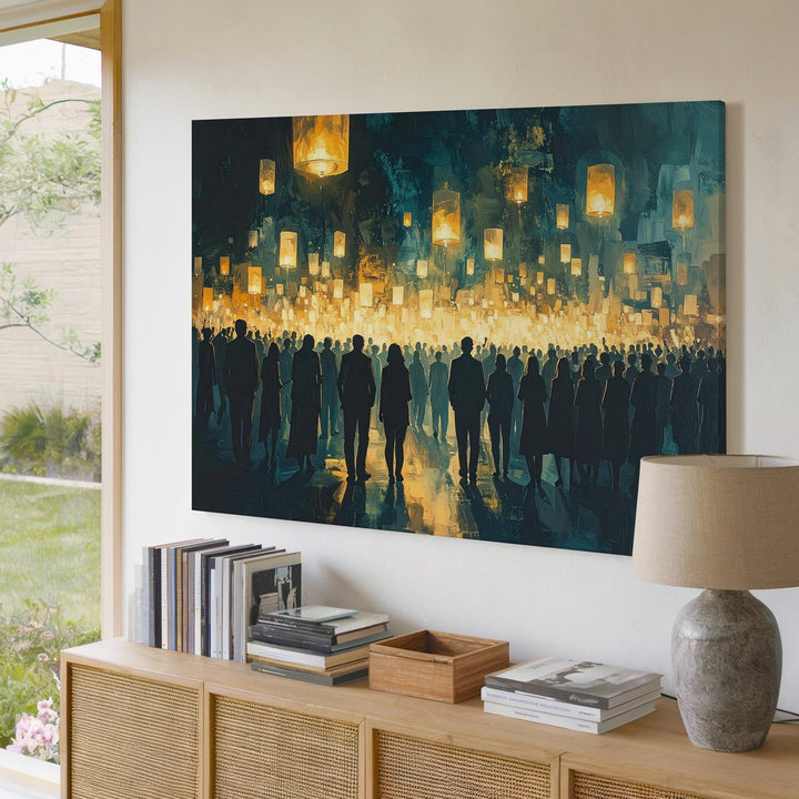 Lantern Vigil Canvas – Spiritual Crowd Silhouette with Floating Lights - Gifitto